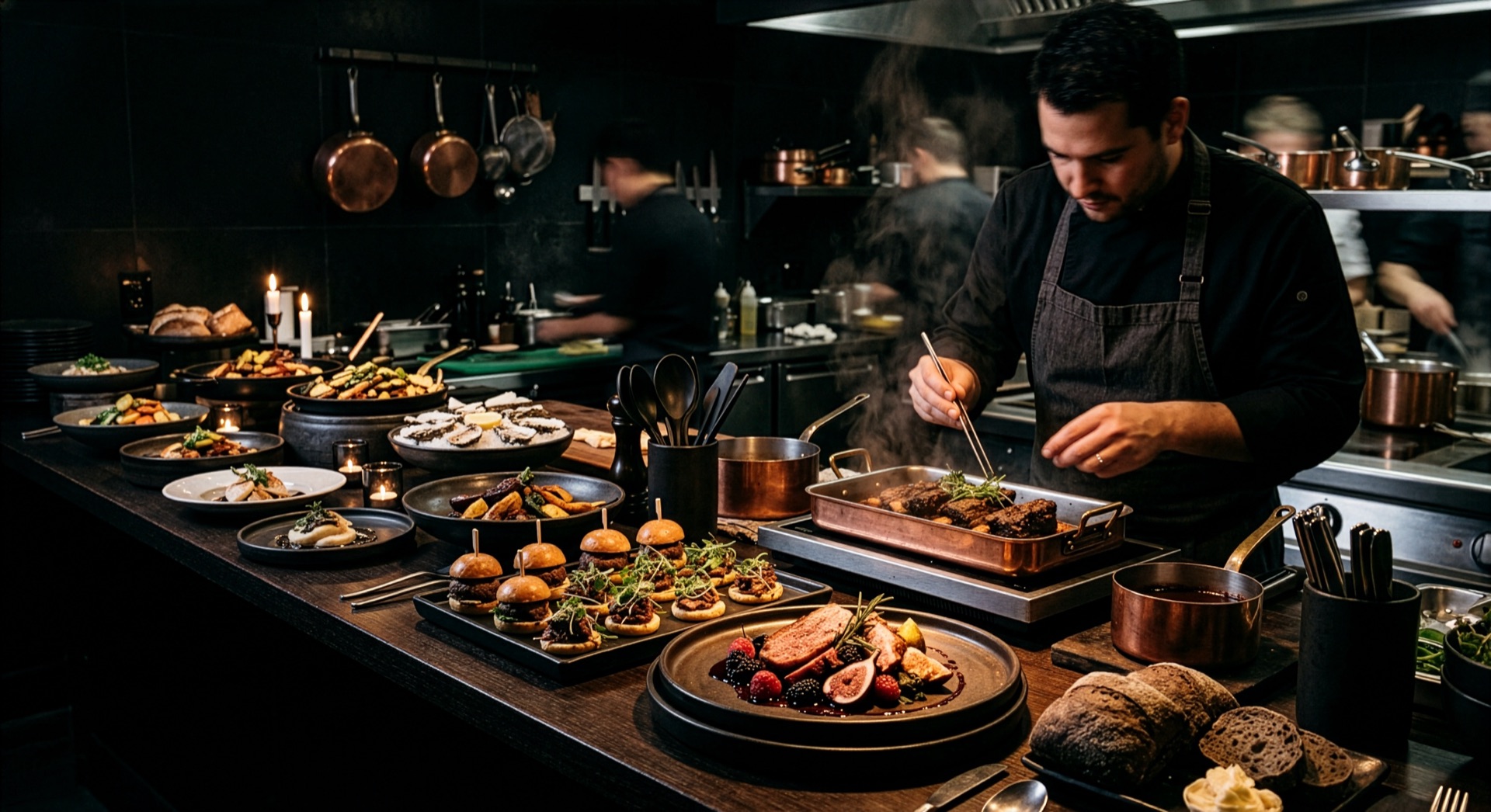 Chef de catering preparando servicio de buffet